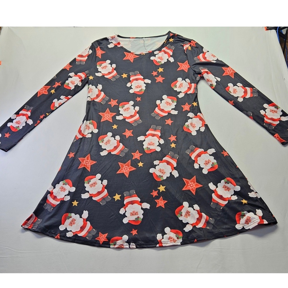 Christmas Santa Claus Star Print Long Sleeve A-Line Swing Dress Black Red Women